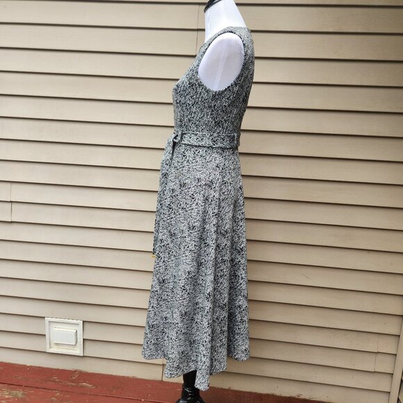 Calvin Klein Knit A-Line Dress Tweed Look Black White Sleeveless Tie Waist - Picture 9 of 16